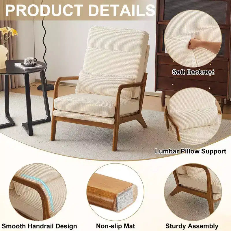 Chaise de loisirs d'intérieur en lin avec accoudoirs et dossier en bois massif et cadre en fer, dossier haut.