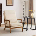 Chaise de loisirs d'intérieur en lin avec accoudoirs et dossier en bois massif et cadre en fer, dossier haut.
