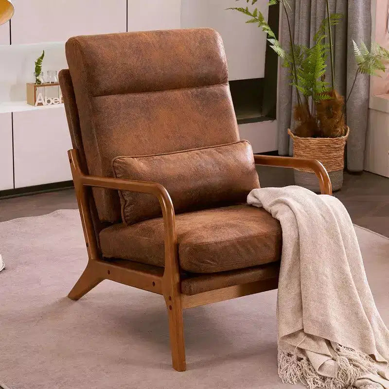 Chaise de loisirs d'intérieur en lin avec accoudoirs et dossier en bois massif et cadre en fer, dossier haut.