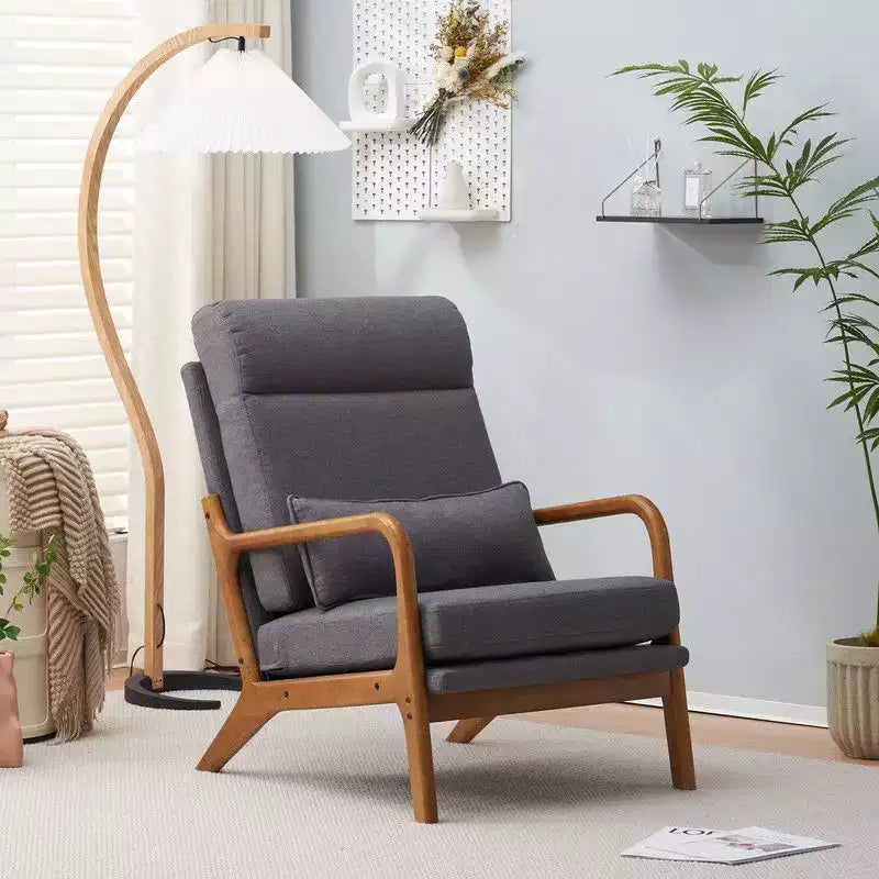 Karl Home High Back Solid Wood Armrest Backrest Iron Frame Linen Indoor Leisure Chair