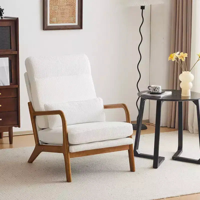 Chaise de loisirs d'intérieur en lin avec accoudoirs et dossier en bois massif et cadre en fer, dossier haut.