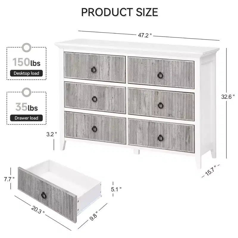Dresser For Bedroom - 6-Drawer Fluted Dresser Cabinet Modern Storage Chest Wide Wood Organizer Dresser For Bedroom Living Room