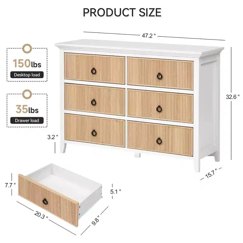 Commode de chambre - Commode à 6 tiroirs cannelés, meuble de rangement moderne, commode large en bois pour chambre à coucher ou salon