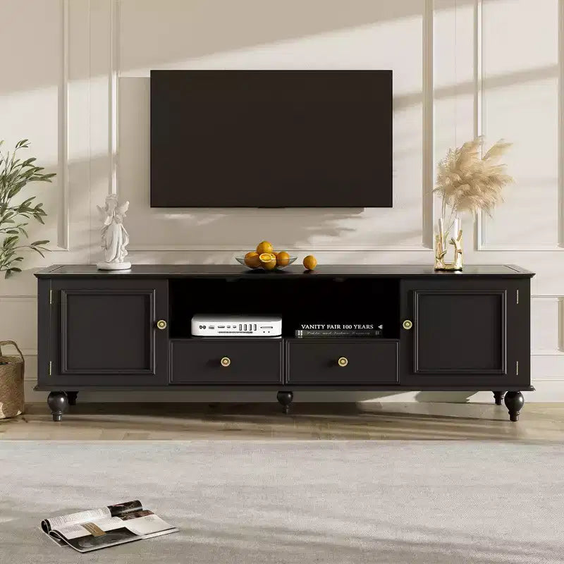 MAYEERTY Modern TV Stand with Open Compartment 2 Drawers 2 Cabinets and 5 Solid Legs for Living Room Black