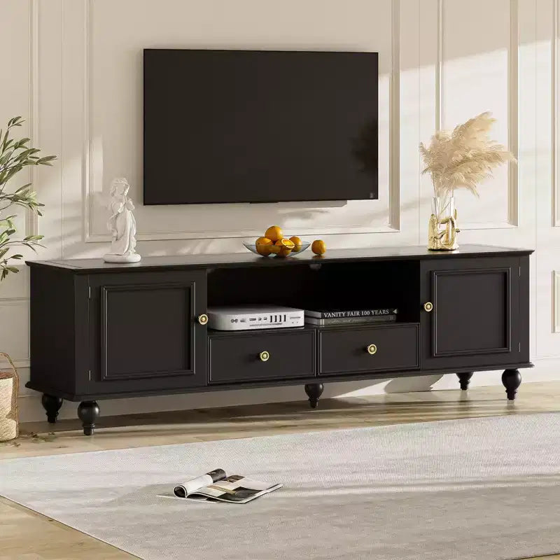 Meuble TV moderne avec compartiment ouvert, 2 tiroirs, 2 placards et 5 pieds solides pour salon, noir