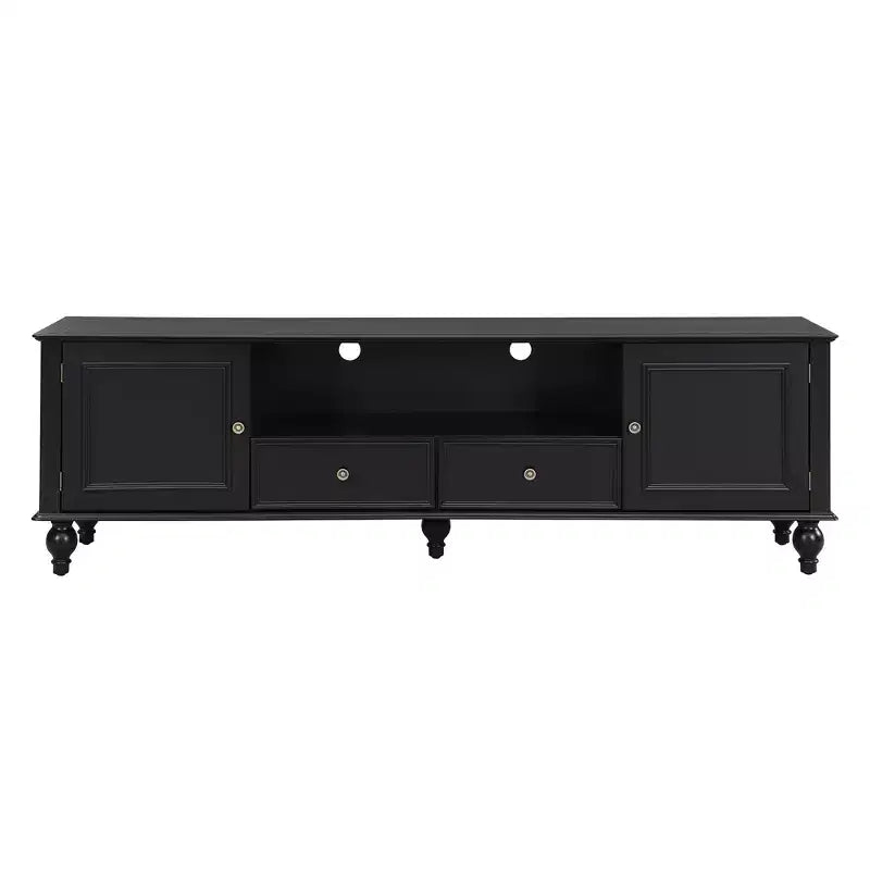 Meuble TV moderne avec compartiment ouvert, 2 tiroirs, 2 placards et 5 pieds solides pour salon, noir
