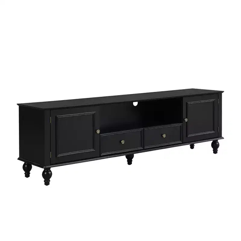 Meuble TV moderne avec compartiment ouvert, 2 tiroirs, 2 placards et 5 pieds solides pour salon, noir