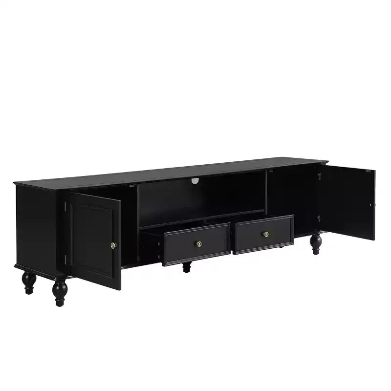 Meuble TV moderne avec compartiment ouvert, 2 tiroirs, 2 placards et 5 pieds solides pour salon, noir