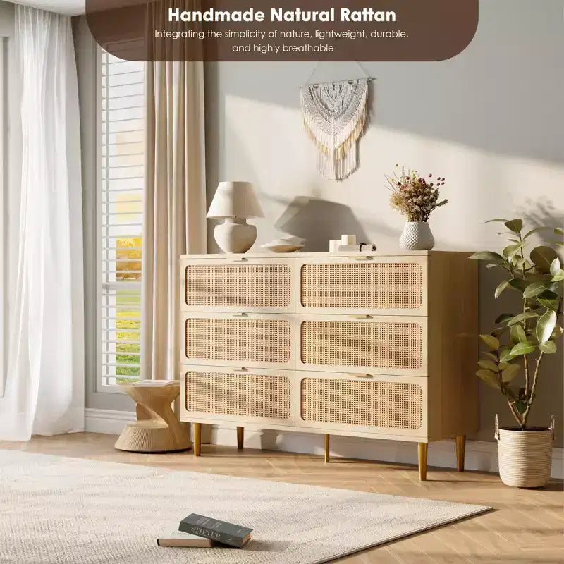 Commode à 6 tiroirs en rotin pour chambre à coucher, grande commode double avec tiroirs profonds, commode pour placard avec plateau large, longue commode en bois