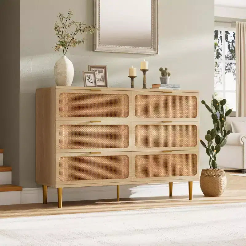 Commode à 6 tiroirs en rotin pour chambre à coucher, grande commode double avec tiroirs profonds, commode pour placard avec plateau large, longue commode en bois
