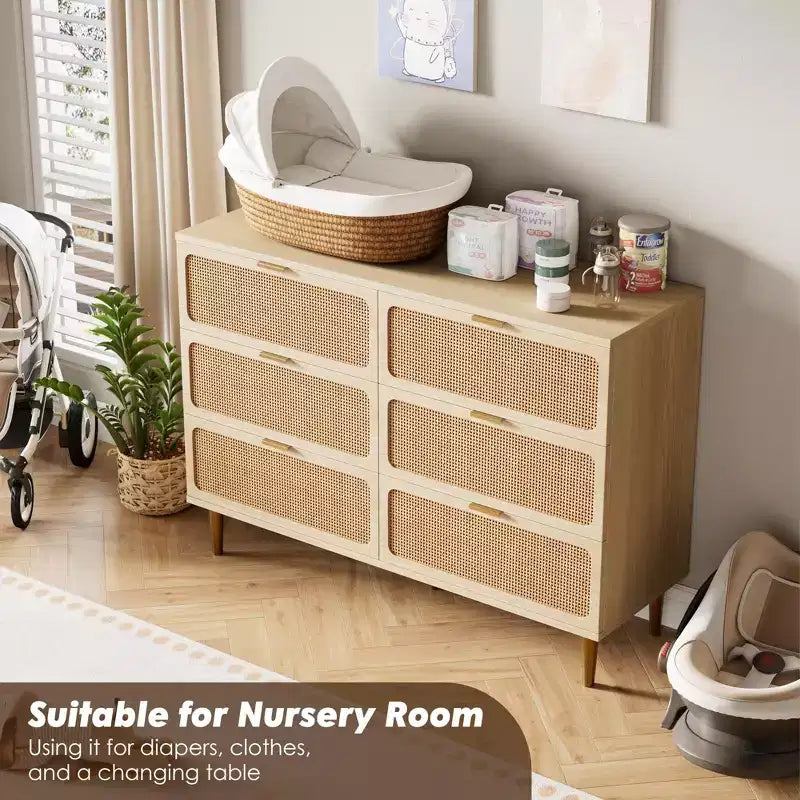 Commode à 6 tiroirs en rotin pour chambre à coucher, grande commode double avec tiroirs profonds, commode pour placard avec plateau large, longue commode en bois