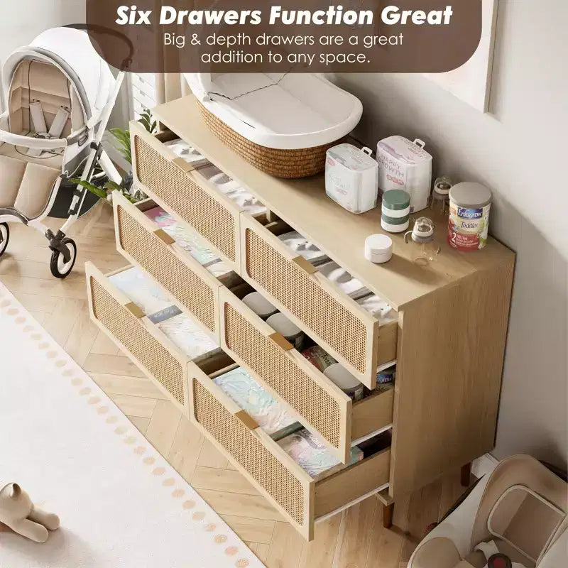 Commode à 6 tiroirs en rotin pour chambre à coucher, grande commode double avec tiroirs profonds, commode pour placard avec plateau large, longue commode en bois