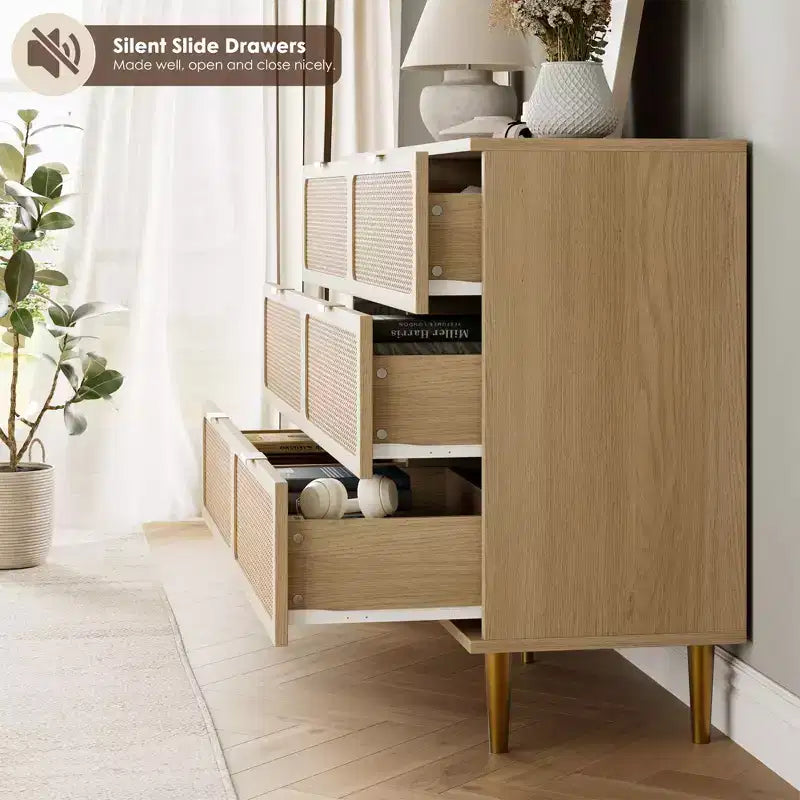 Commode à 6 tiroirs en rotin pour chambre à coucher, grande commode double avec tiroirs profonds, commode pour placard avec plateau large, longue commode en bois