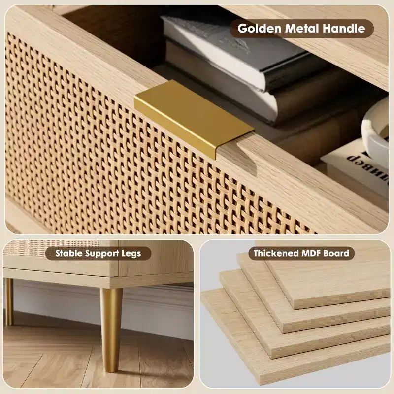 Commode à 6 tiroirs en rotin pour chambre à coucher, grande commode double avec tiroirs profonds, commode pour placard avec plateau large, longue commode en bois