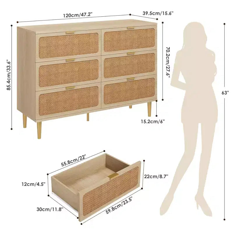 Commode à 6 tiroirs en rotin pour chambre à coucher, grande commode double avec tiroirs profonds, commode pour placard avec plateau large, longue commode en bois