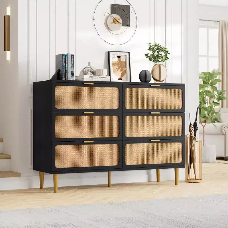 Commode à 6 tiroirs en rotin pour chambre à coucher, grande commode double avec tiroirs profonds, commode pour placard avec plateau large, longue commode en bois