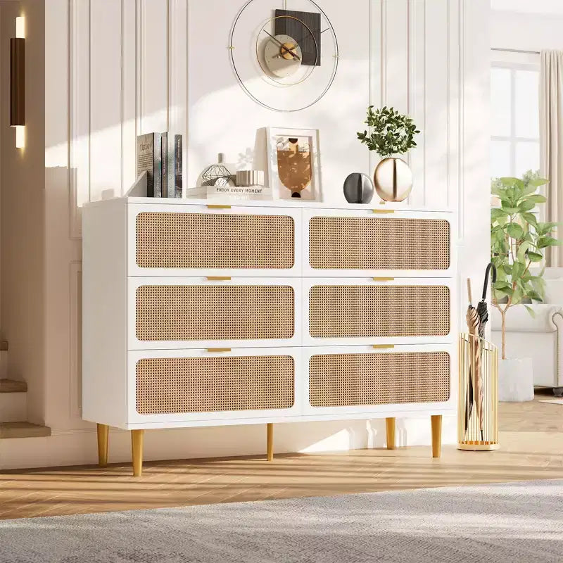 Commode à 6 tiroirs en rotin pour chambre à coucher, grande commode double avec tiroirs profonds, commode pour placard avec plateau large, longue commode en bois