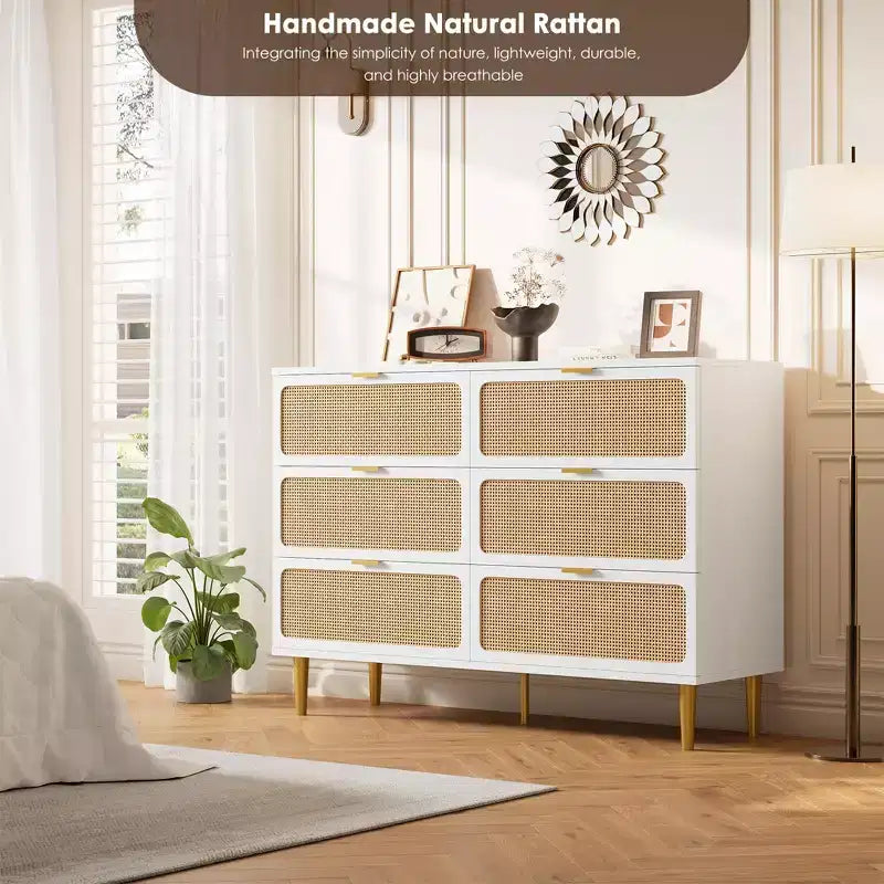 Commode à 6 tiroirs en rotin pour chambre à coucher, grande commode double avec tiroirs profonds, commode pour placard avec plateau large, longue commode en bois