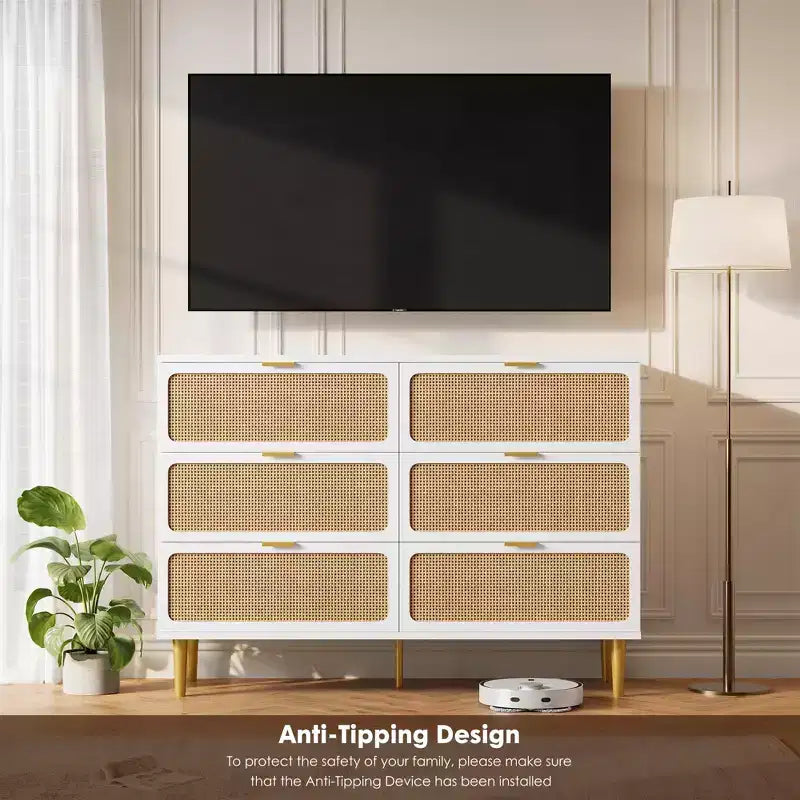 Commode à 6 tiroirs en rotin pour chambre à coucher, grande commode double avec tiroirs profonds, commode pour placard avec plateau large, longue commode en bois