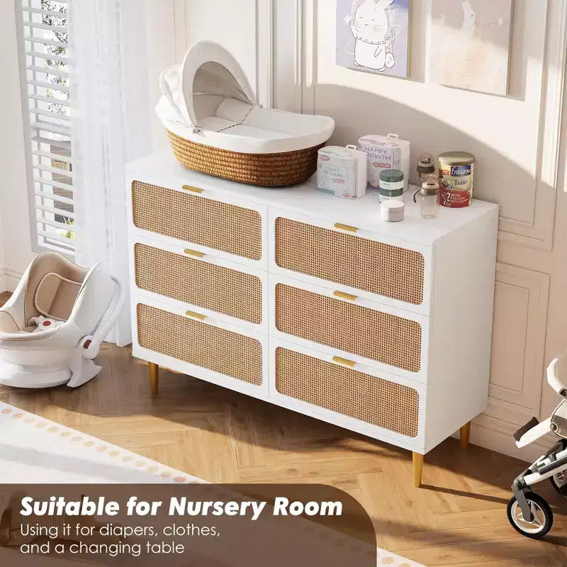 Commode à 6 tiroirs en rotin pour chambre à coucher, grande commode double avec tiroirs profonds, commode pour placard avec plateau large, longue commode en bois