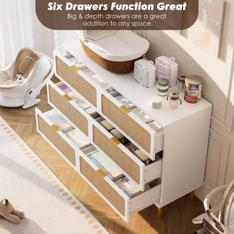 Commode à 6 tiroirs en rotin pour chambre à coucher, grande commode double avec tiroirs profonds, commode pour placard avec plateau large, longue commode en bois