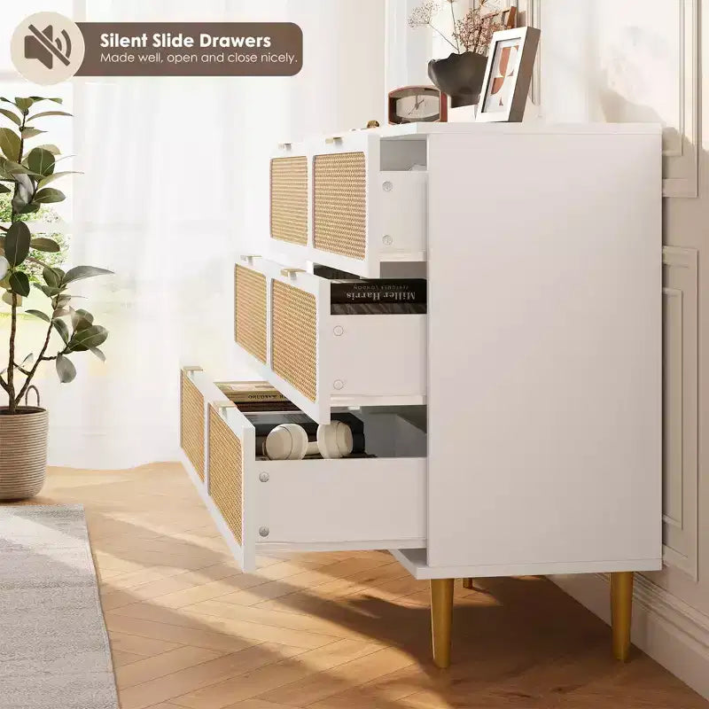 Commode à 6 tiroirs en rotin pour chambre à coucher, grande commode double avec tiroirs profonds, commode pour placard avec plateau large, longue commode en bois