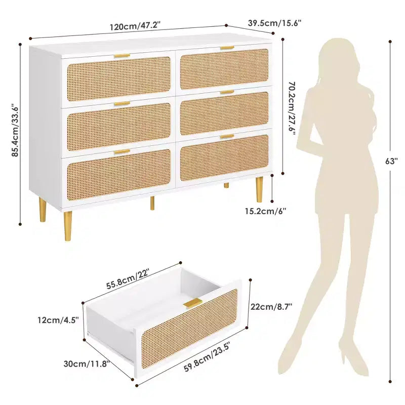 Commode à 6 tiroirs en rotin pour chambre à coucher, grande commode double avec tiroirs profonds, commode pour placard avec plateau large, longue commode en bois