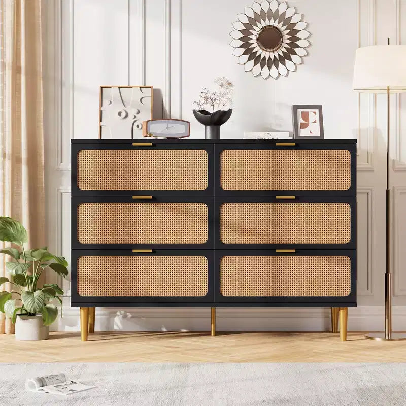 Commode à 6 tiroirs en rotin pour chambre à coucher, grande commode double avec tiroirs profonds, commode pour placard avec plateau large, longue commode en bois