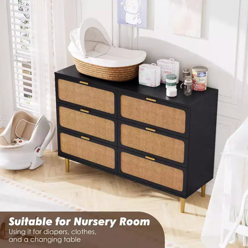 Commode à 6 tiroirs en rotin pour chambre à coucher, grande commode double avec tiroirs profonds, commode pour placard avec plateau large, longue commode en bois