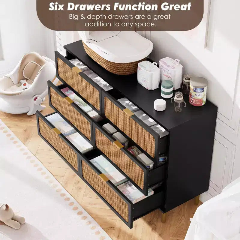 Commode à 6 tiroirs en rotin pour chambre à coucher, grande commode double avec tiroirs profonds, commode pour placard avec plateau large, longue commode en bois