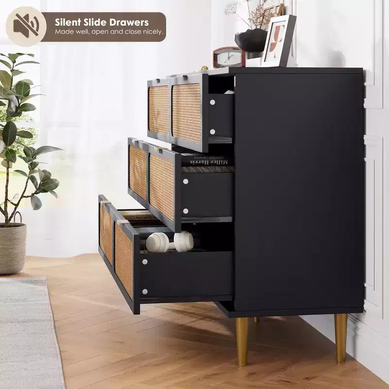 Commode à 6 tiroirs en rotin pour chambre à coucher, grande commode double avec tiroirs profonds, commode pour placard avec plateau large, longue commode en bois