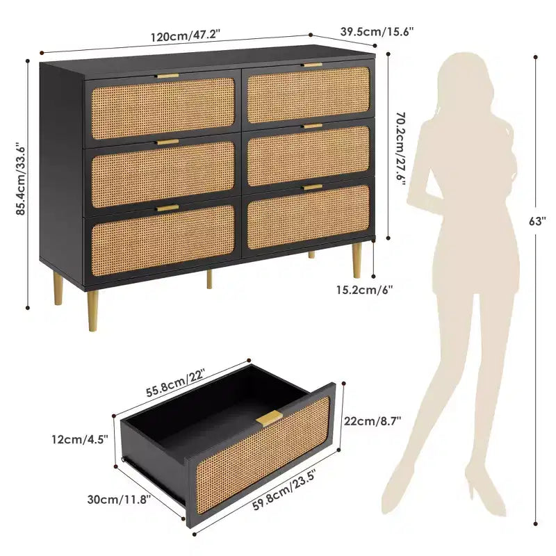 Commode à 6 tiroirs en rotin pour chambre à coucher, grande commode double avec tiroirs profonds, commode pour placard avec plateau large, longue commode en bois