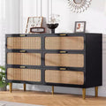 Rattan 6 Drawer Dressers for Bedroom, Large Double Dresser with Deep Drawers, Chest of Drawers for Closet with Wide Top, Long Wooden Dresser