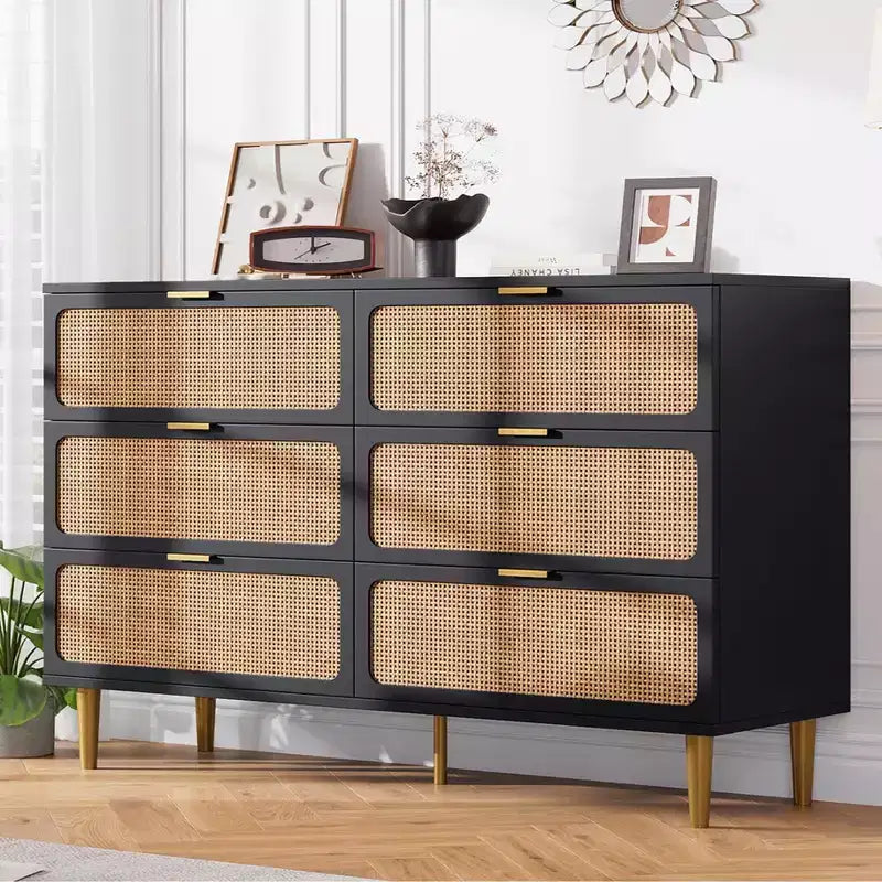 Rattan 6 Drawer Dressers for Bedroom, Large Double Dresser with Deep Drawers, Chest of Drawers for Closet with Wide Top, Long Wooden Dresser