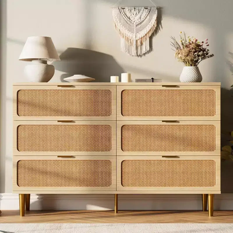Commode à 6 tiroirs en rotin pour chambre à coucher, grande commode double avec tiroirs profonds, commode pour placard avec plateau large, longue commode en bois