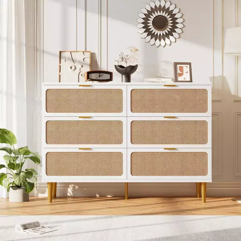 Commode à 6 tiroirs en rotin pour chambre à coucher, grande commode double avec tiroirs profonds, commode pour placard avec plateau large, longue commode en bois