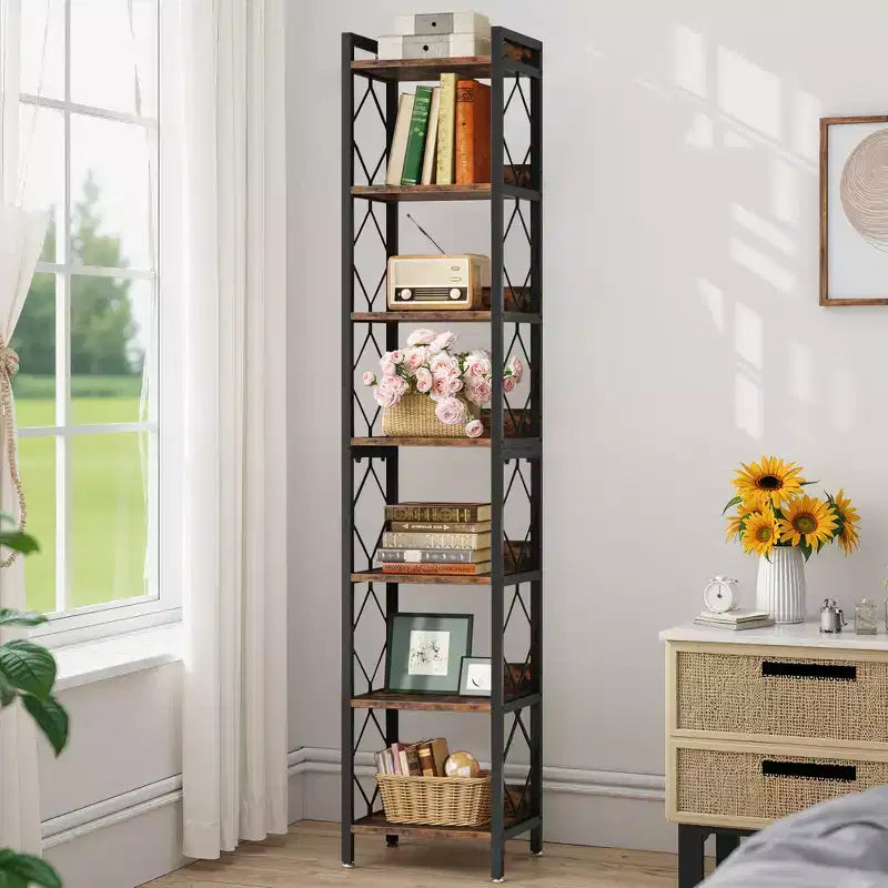 Bibliothèque polyvalente à 7 niveaux pour livres, objets de décoration, cuisine et salle de bain.
