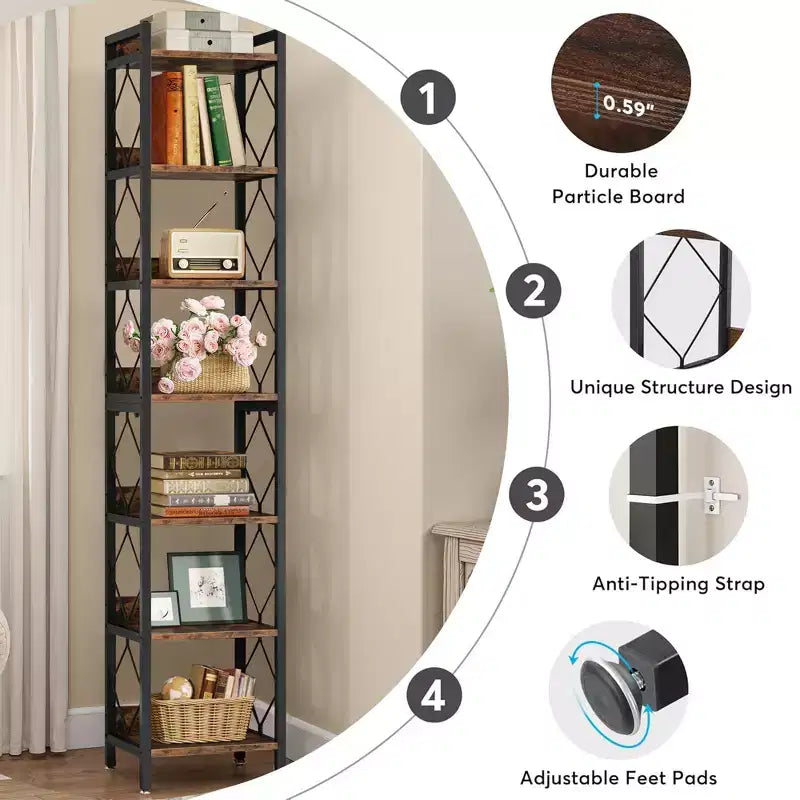 Bibliothèque polyvalente à 7 niveaux pour livres, objets de décoration, cuisine et salle de bain.