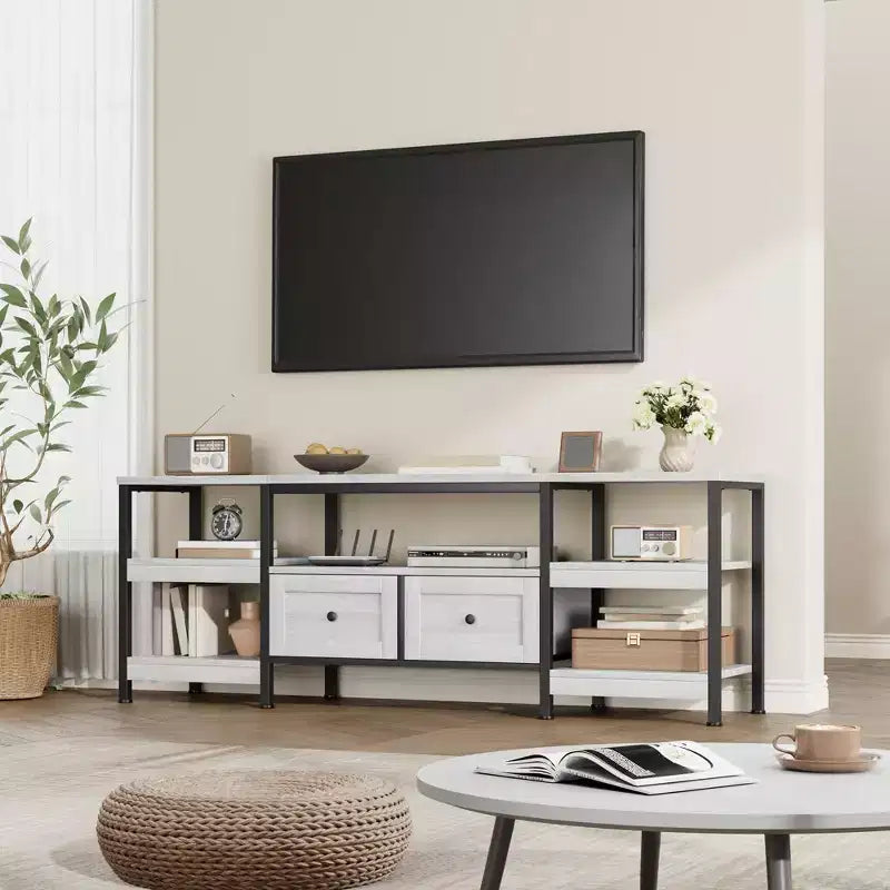 79 Modern-Industrial TV Stand with 2 Fabric Drawers, Entertainment Center for TVs Up to 85, Rustic Brown Media Console with Storage Shelves,White