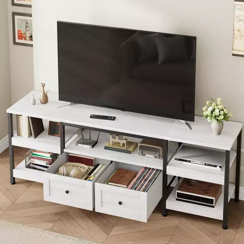 Meuble TV moderne-industriel de 79 po avec 2 tiroirs en tissu, centre de divertissement pour téléviseurs jusqu'à 85 po, console média brun rustique avec étagères de rangement, blanc