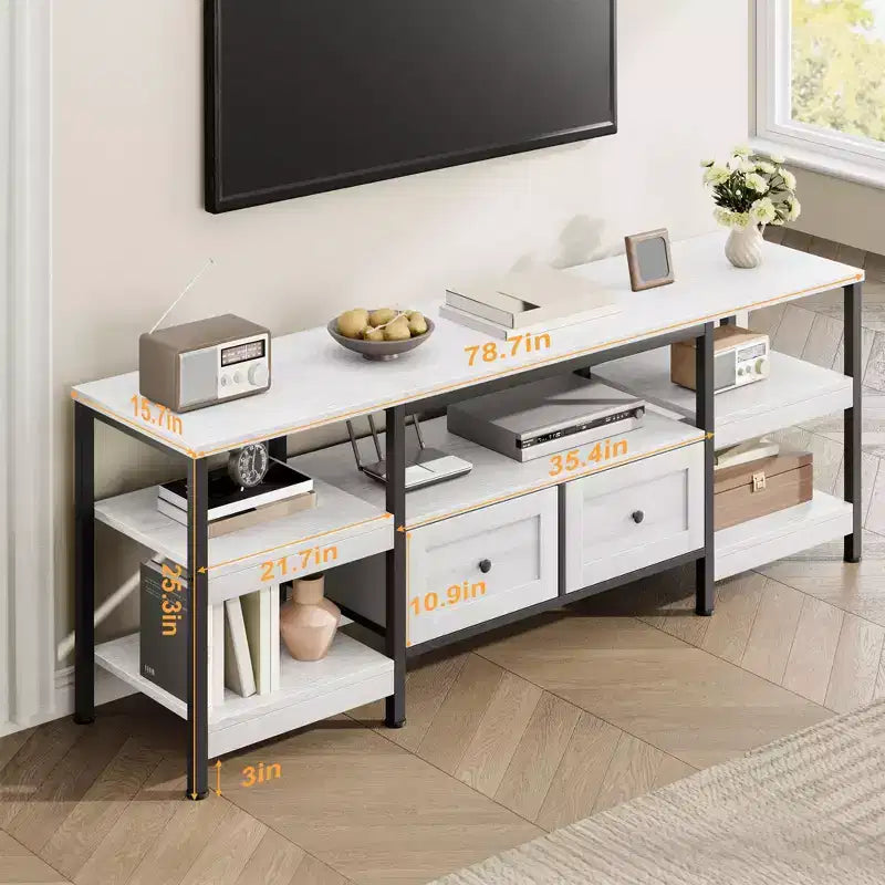 Meuble TV moderne-industriel de 79 po avec 2 tiroirs en tissu, centre de divertissement pour téléviseurs jusqu'à 85 po, console média brun rustique avec étagères de rangement, blanc