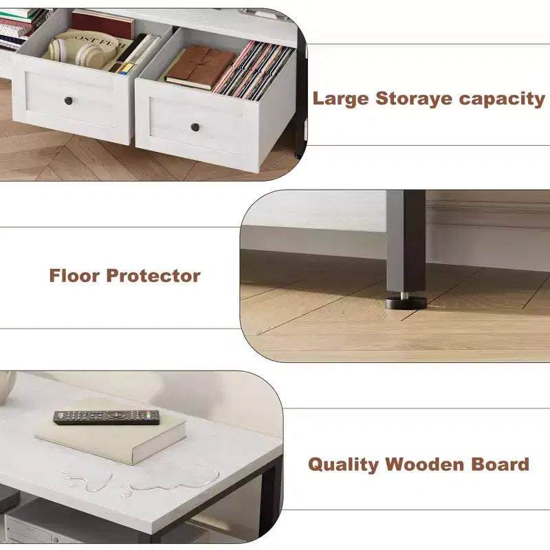 Meuble TV moderne-industriel de 79 po avec 2 tiroirs en tissu, centre de divertissement pour téléviseurs jusqu'à 85 po, console média brun rustique avec étagères de rangement, blanc