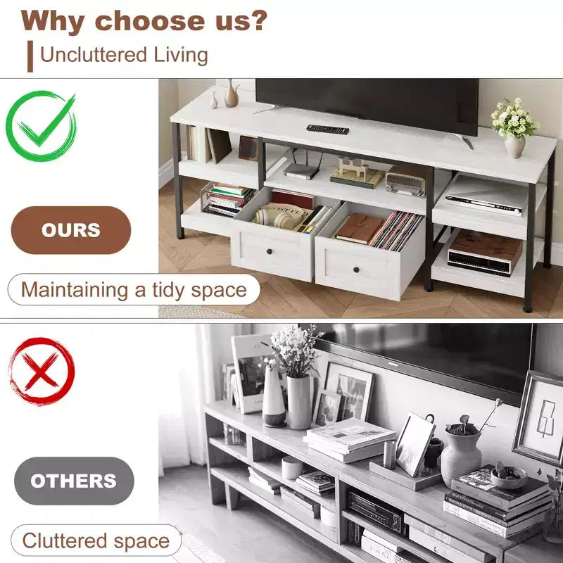 Meuble TV moderne-industriel de 79 po avec 2 tiroirs en tissu, centre de divertissement pour téléviseurs jusqu'à 85 po, console média brun rustique avec étagères de rangement, blanc
