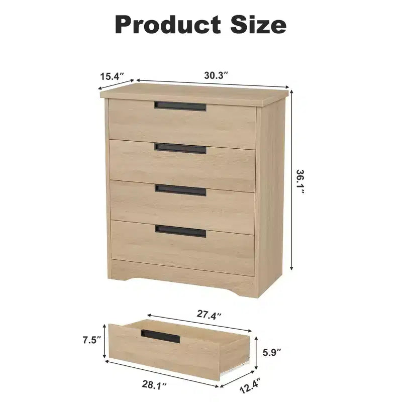Commode à 4 tiroirs pour chambre à coucher, commode naturelle avec poignées encastrées, organisateur en bois pour salon, couloir et entrée