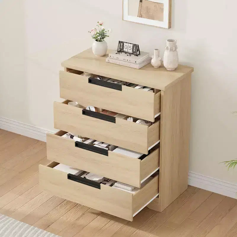 Commode à 4 tiroirs pour chambre à coucher, commode naturelle avec poignées encastrées, organisateur en bois pour salon, couloir et entrée