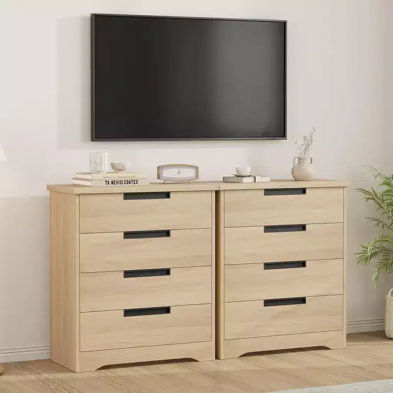 Commode à 4 tiroirs pour chambre à coucher, commode naturelle avec poignées encastrées, organisateur en bois pour salon, couloir et entrée