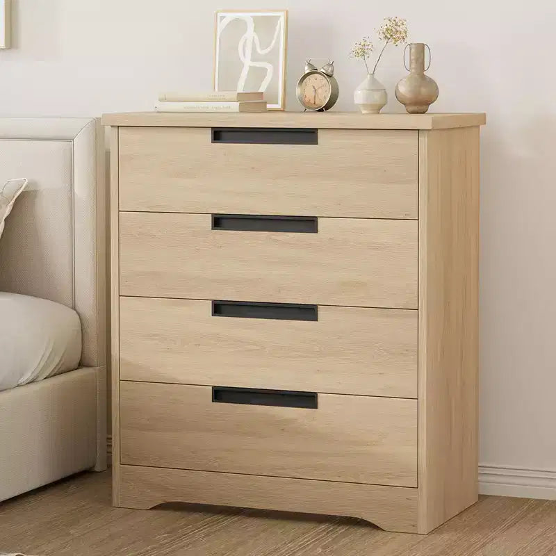 4 Drawer Dresser for Bedroom, Natural Chest of Drawers with Embedded Handles Design, Wooden Dresser Organizer for Living Room, Hallway and Entryway