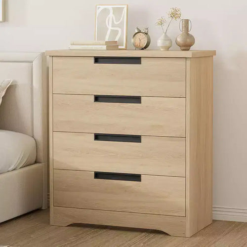 4 Drawer Dresser for Bedroom, Natural Chest of Drawers with Embedded Handles Design, Wooden Dresser Organizer for Living Room, Hallway and Entryway