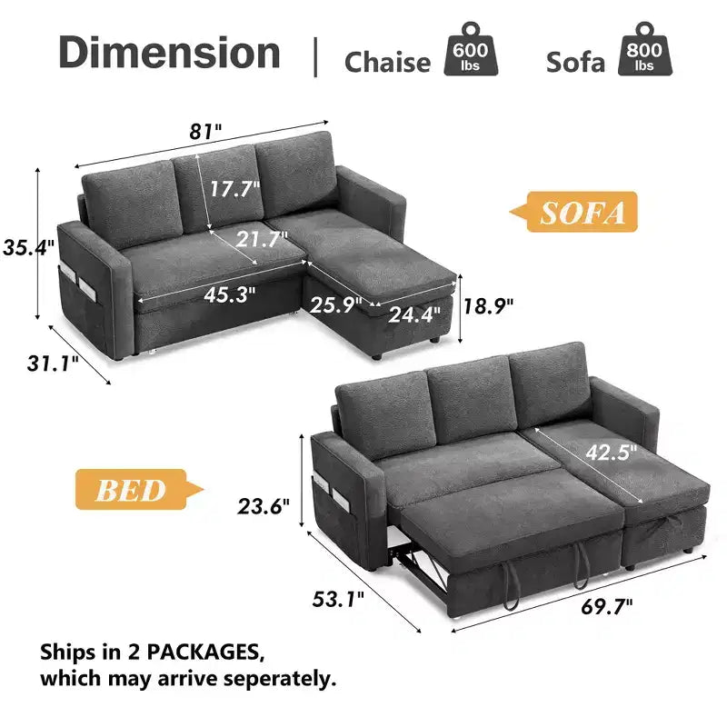 Canapé-lit convertible Dyonery 2-en-1 avec méridienne de rangement réversible pour chambre 81 – Canapé d'angle en L avec poches latérales
