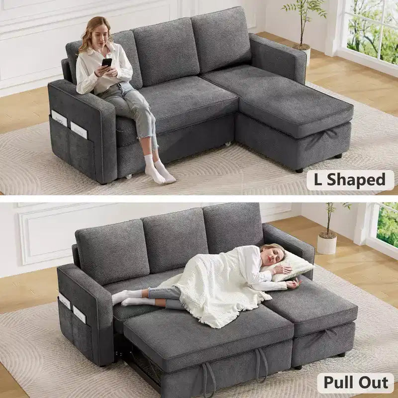 Canapé-lit convertible Dyonery 2-en-1 avec méridienne de rangement réversible pour chambre 81 – Canapé d'angle en L avec poches latérales